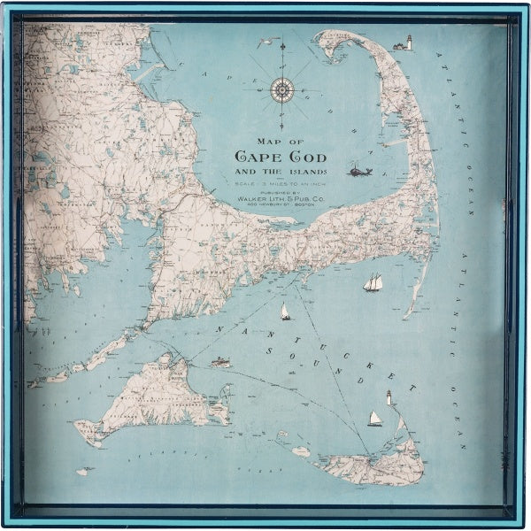 Cape Cod Map Lacquer Art Serving Tray 15" Square