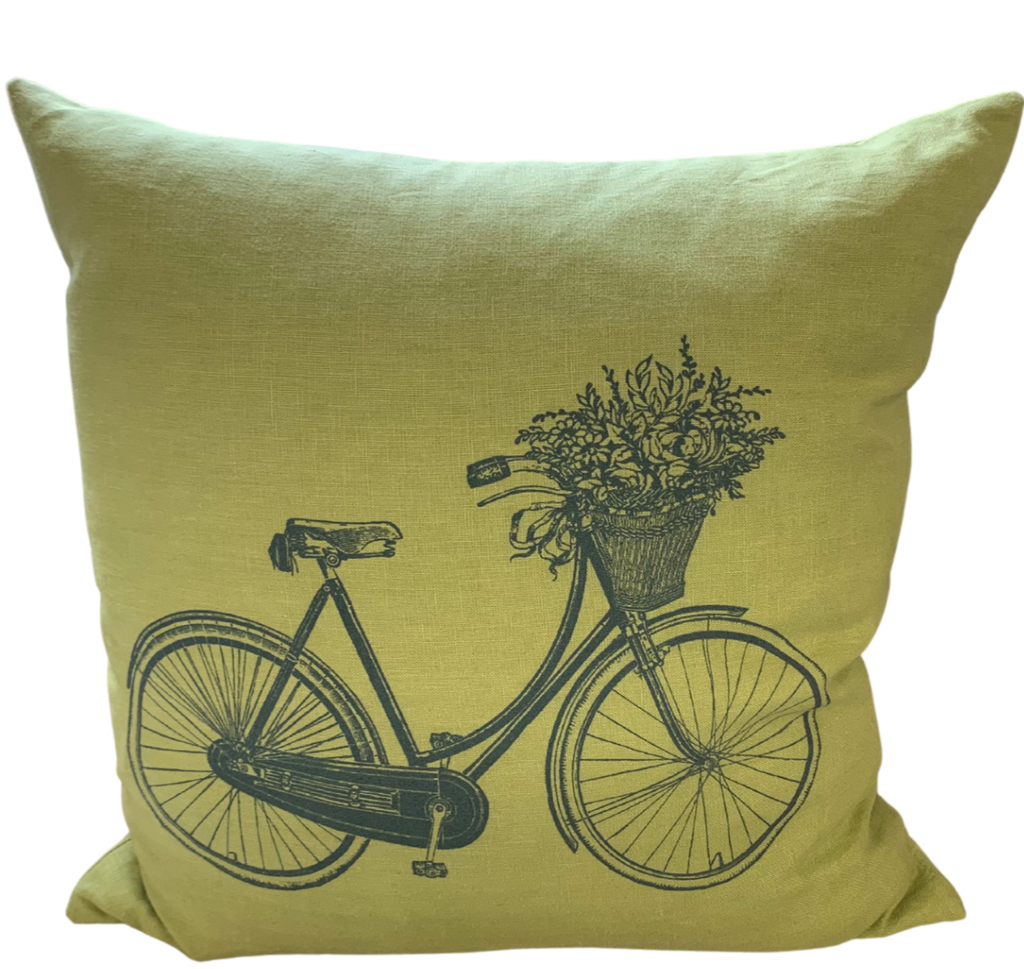 Bicycle With Flower Basket on Linen Pillow